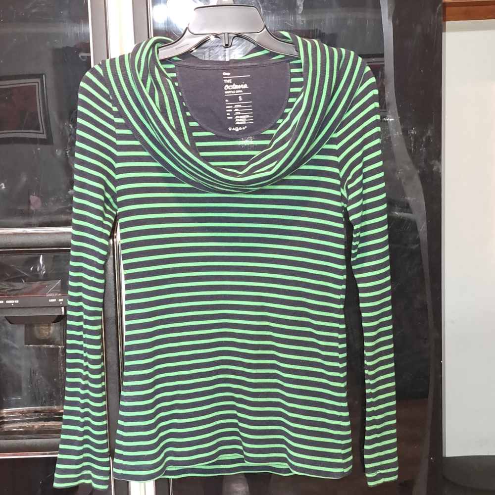 Old Navy Blue and Green Striped Waffle Cowl Top Small